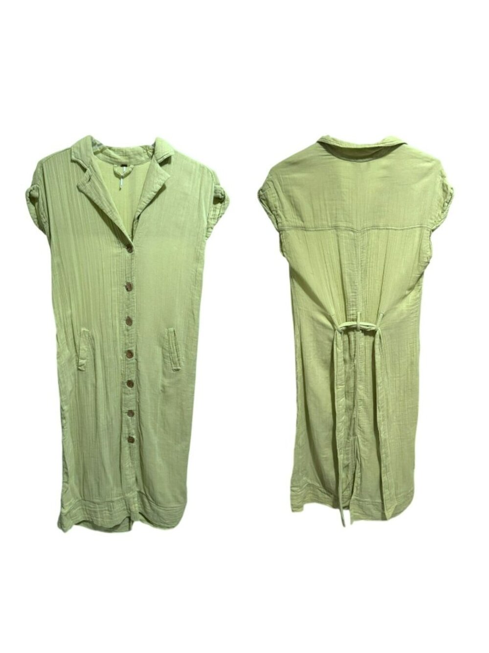Free People Endless Summer Lime Cotton Gauze Midi Belted Shirt Dress Pockets Sm